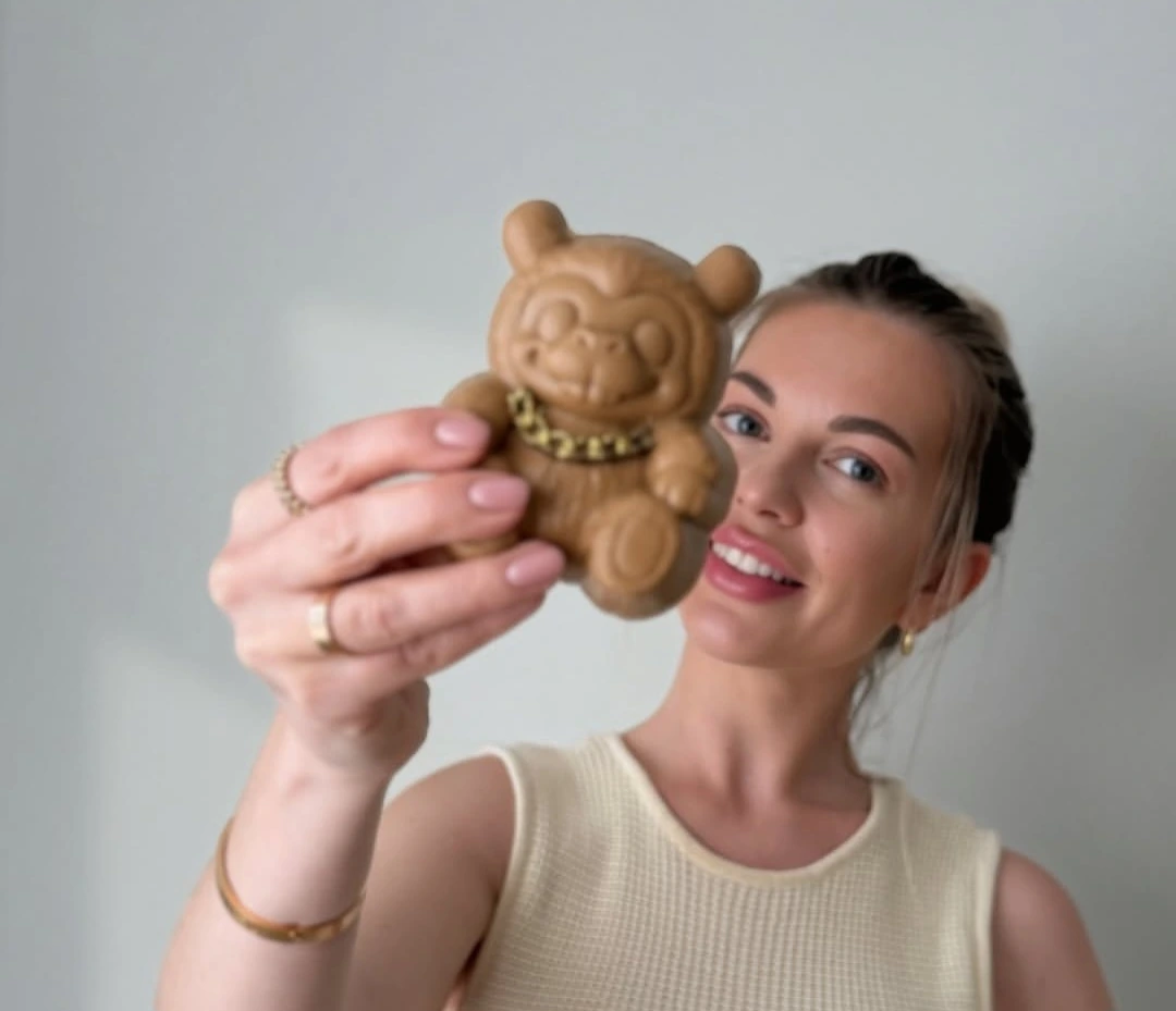 Woman holding DABUBU chocolate toward the camera